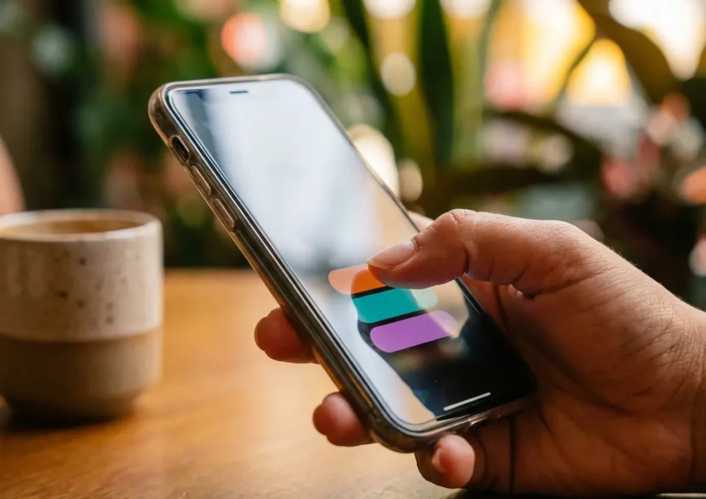 Mão tocando opção colorida de enquete em smartphone em close-up