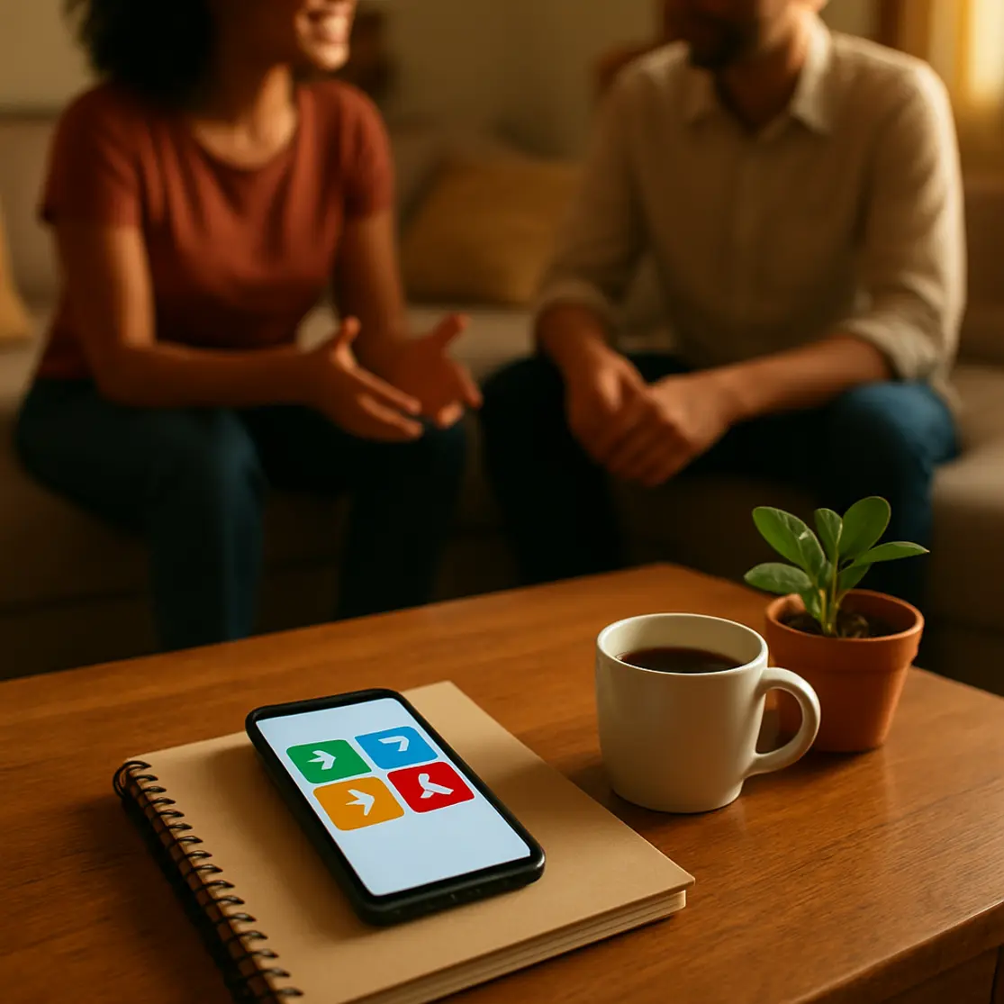 Sala com smartphone sobre mesa e pessoas conversando ao fundo, sugerindo enquete em grupo