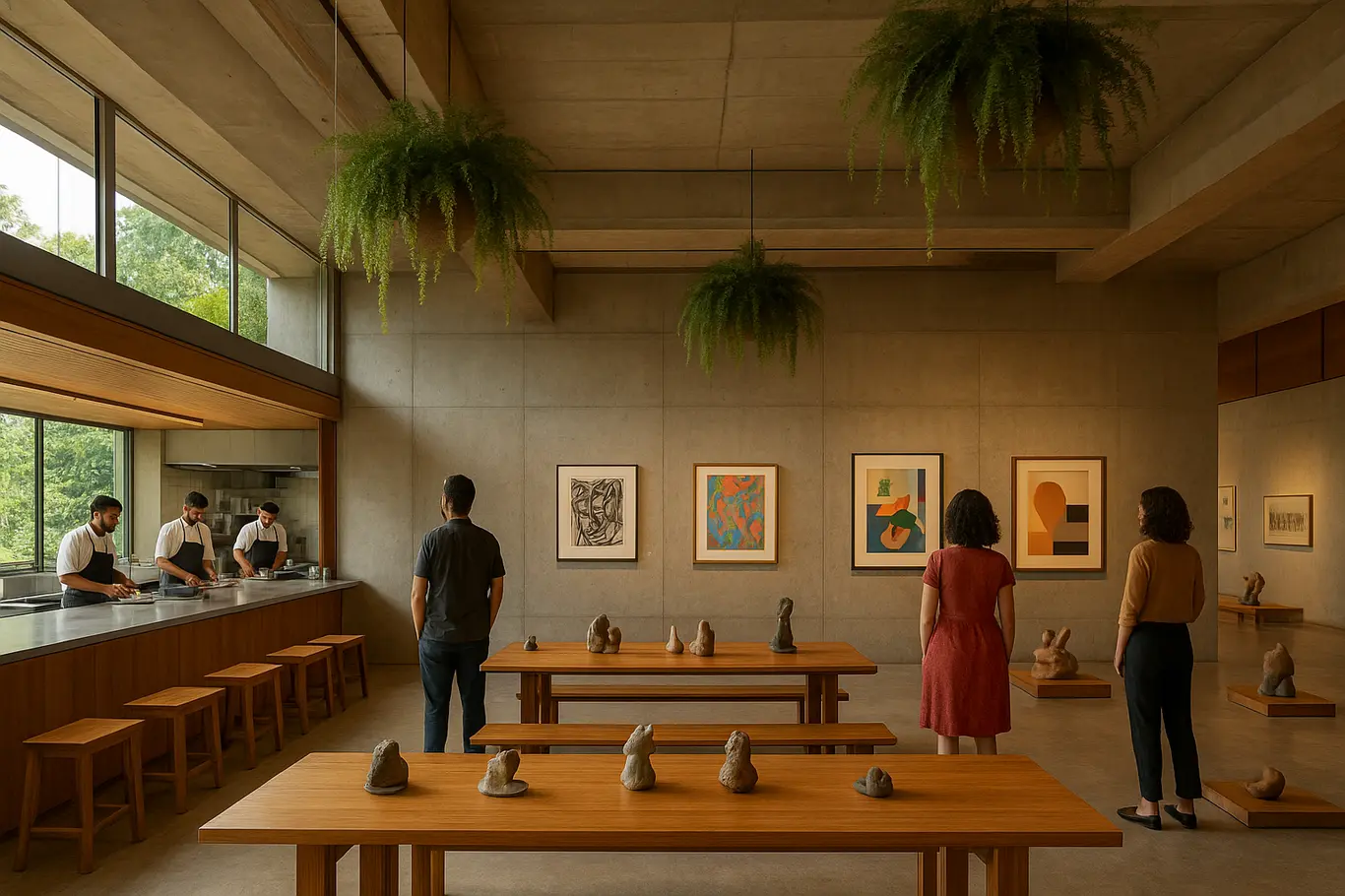 Visão ampla do salão do espaço cultural com mesas comunais, artistas e cozinheiros em perfil, luz natural.