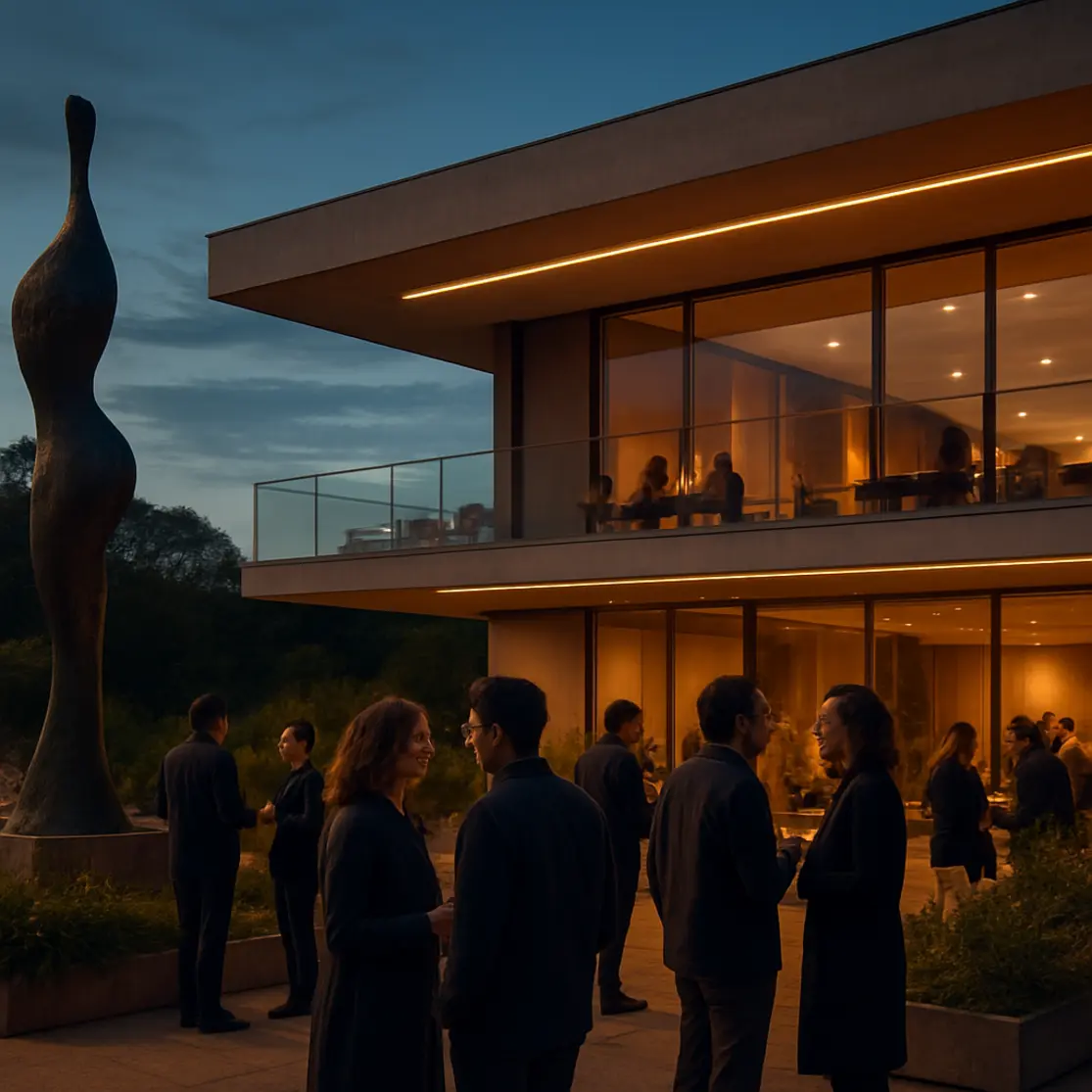 Fachada contemporânea do espaço cultural ao entardecer com mesas externas e escultura, pessoas em perfil.