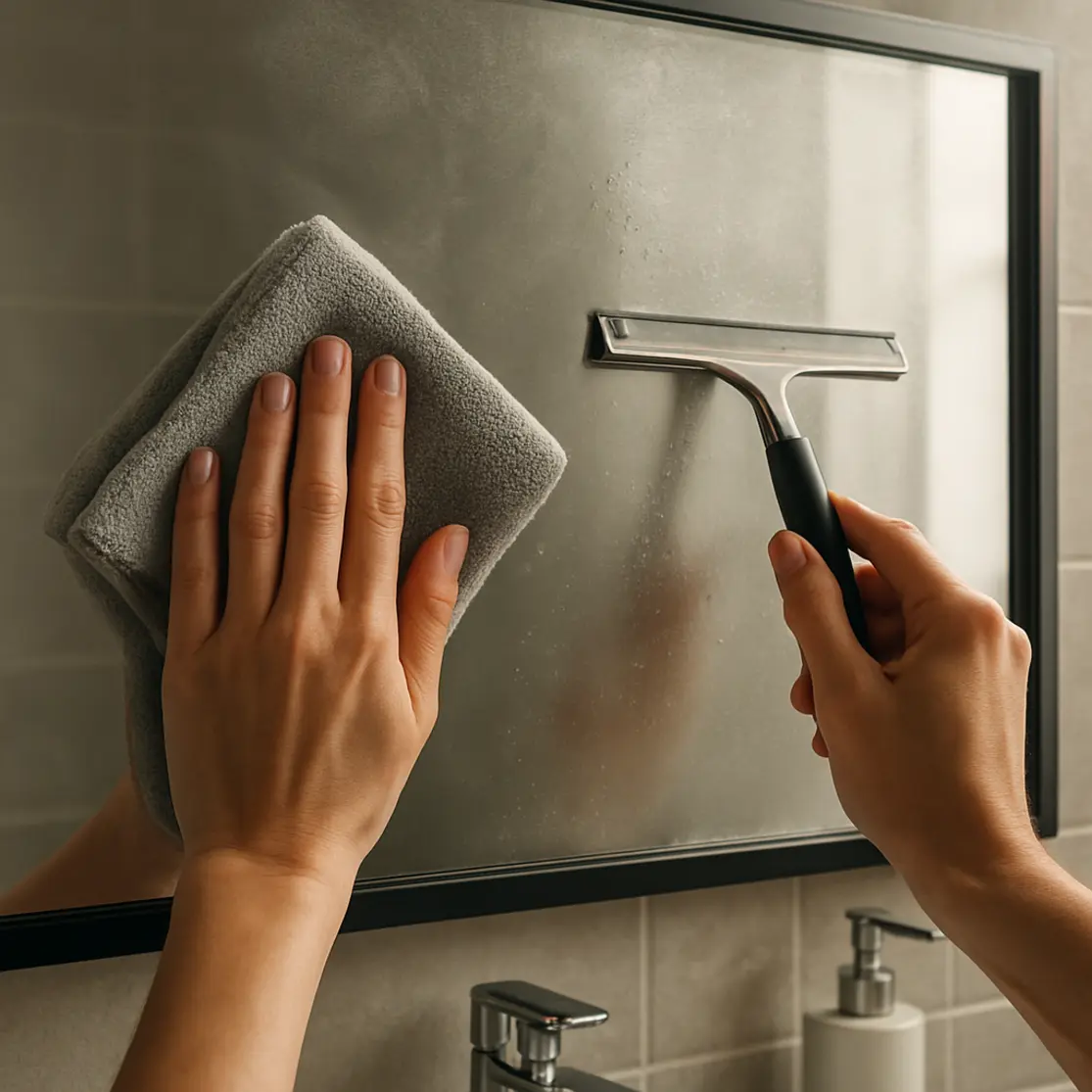 Mãos aplicando limpeza e solução antiembaçamento no espelho