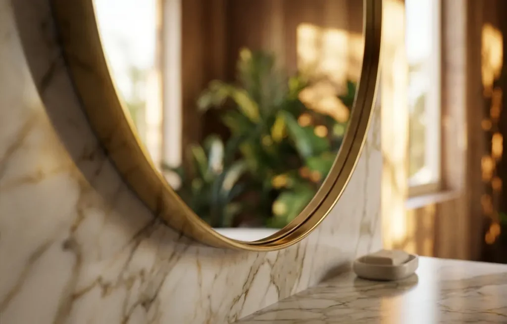 Close-up de espelho oval sobre bancada de mármore com reflexão de plantas e luz quente