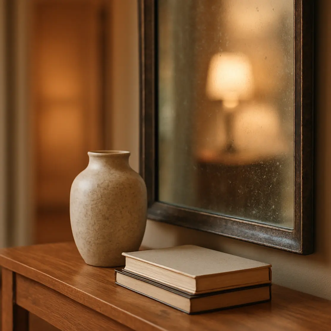 Detalhe de aparador com vaso e moldura do espelho em foco, texturas e luz natural