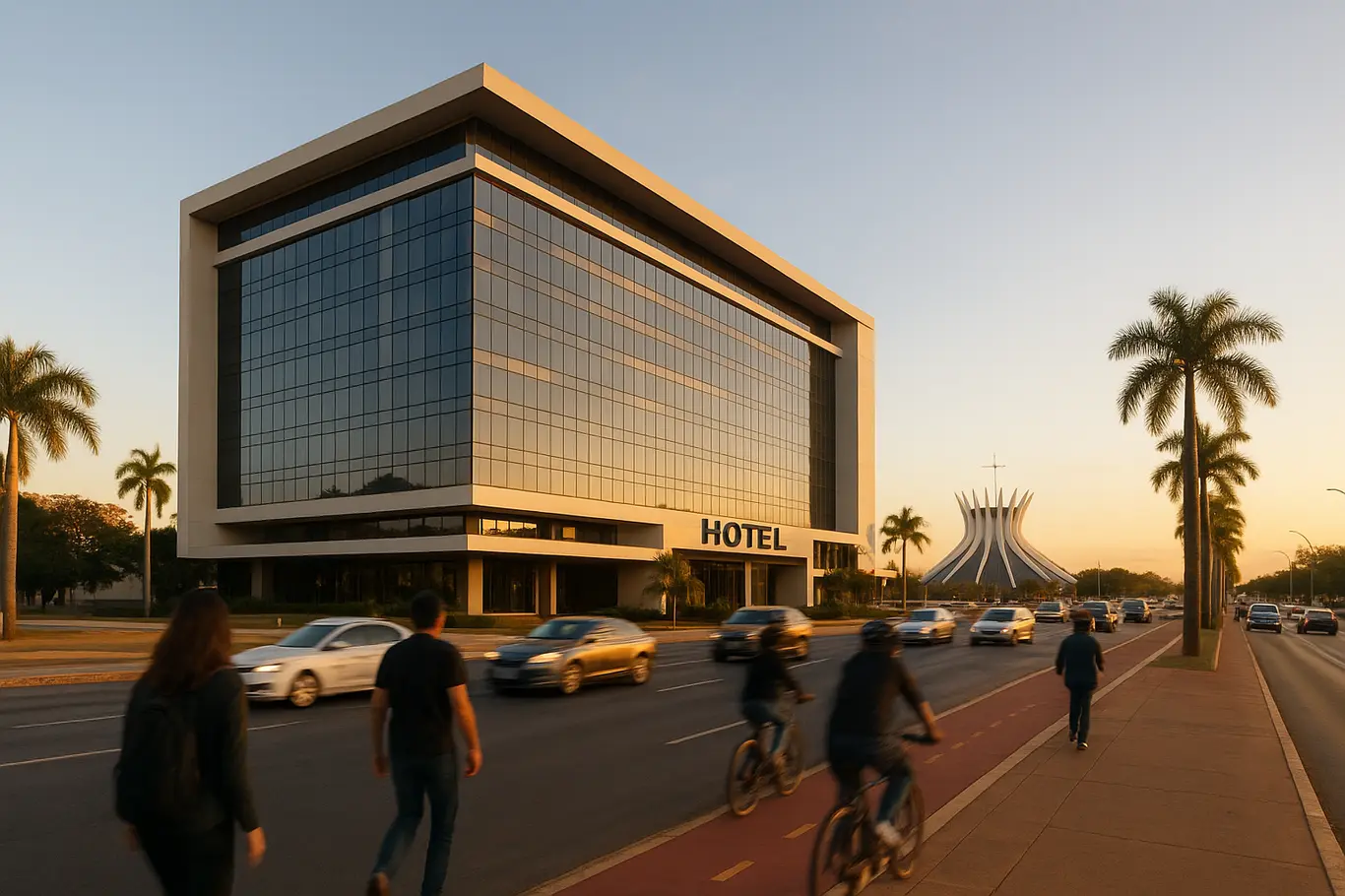 Fachada de hotel moderno com a Esplanada ao fundo e movimento urbano em primeiro plano