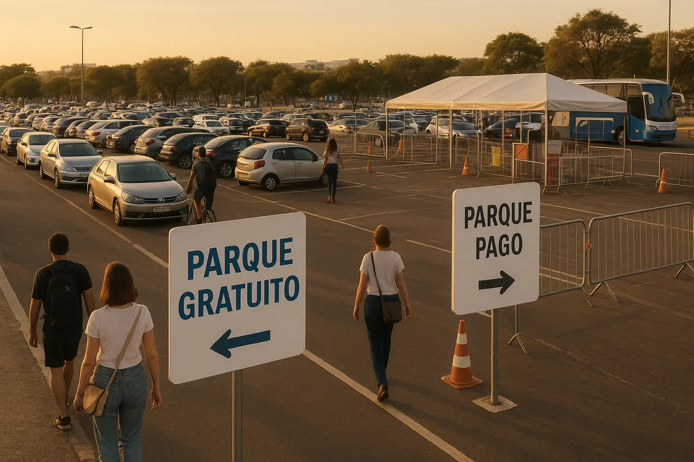 Visão ampla de estacionamento temporário com áreas gratuitas e pagas próximas à Esplanada