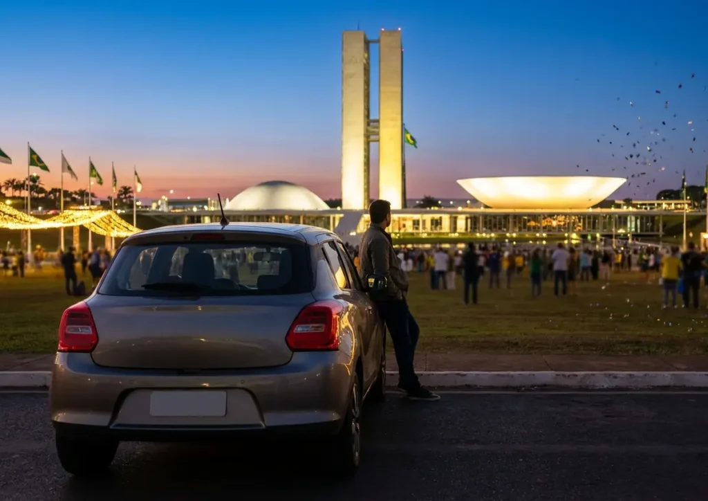 Carro estacionado de costas com pessoa olhando para o Congresso Nacional iluminado ao entardecer