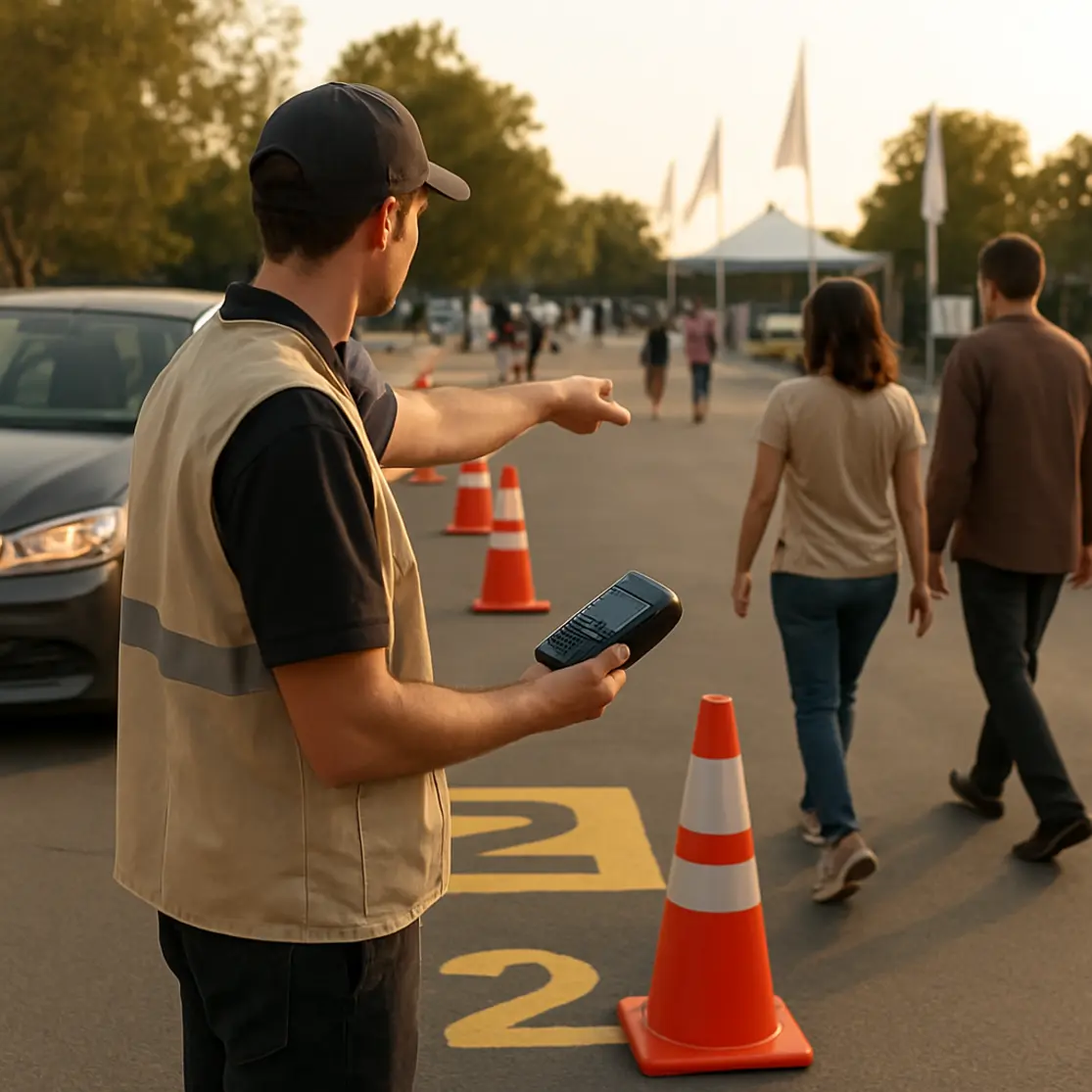 Atendente orientando veículos e sinalização de estacionamento numerado em evento ao entardecer