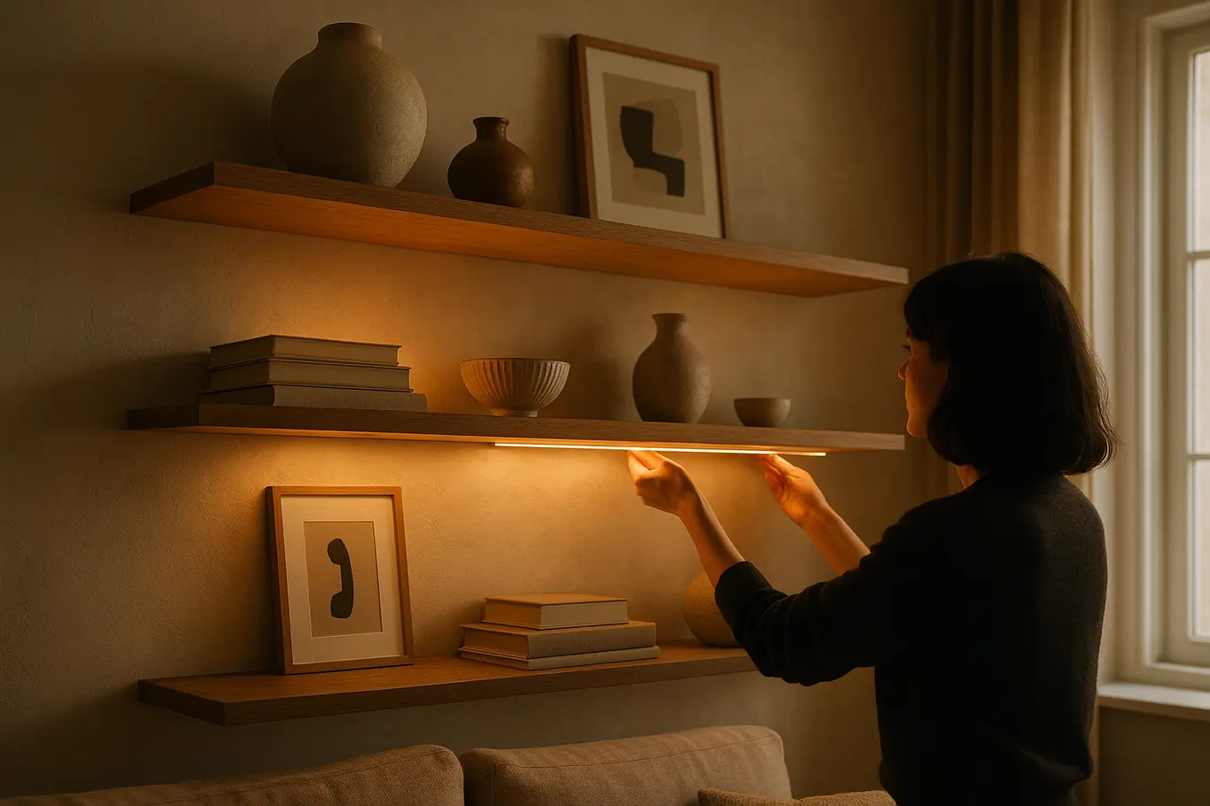 Visão ampla de sala com estante decorativa mostrando objetos e iluminação de destaque