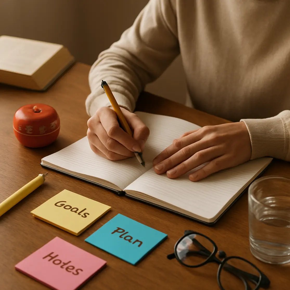 Close nas mãos escrevendo em caderno com timer Pomodoro e notas adesivas.
