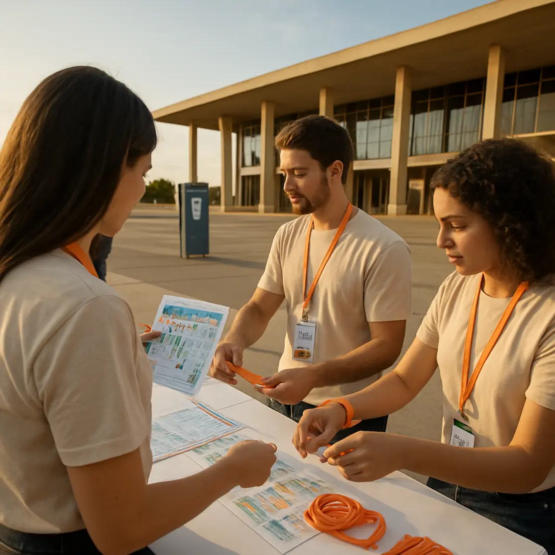 Mesa de informações com mapas e voluntários de costas perto de um centro de convenções em Brasília.