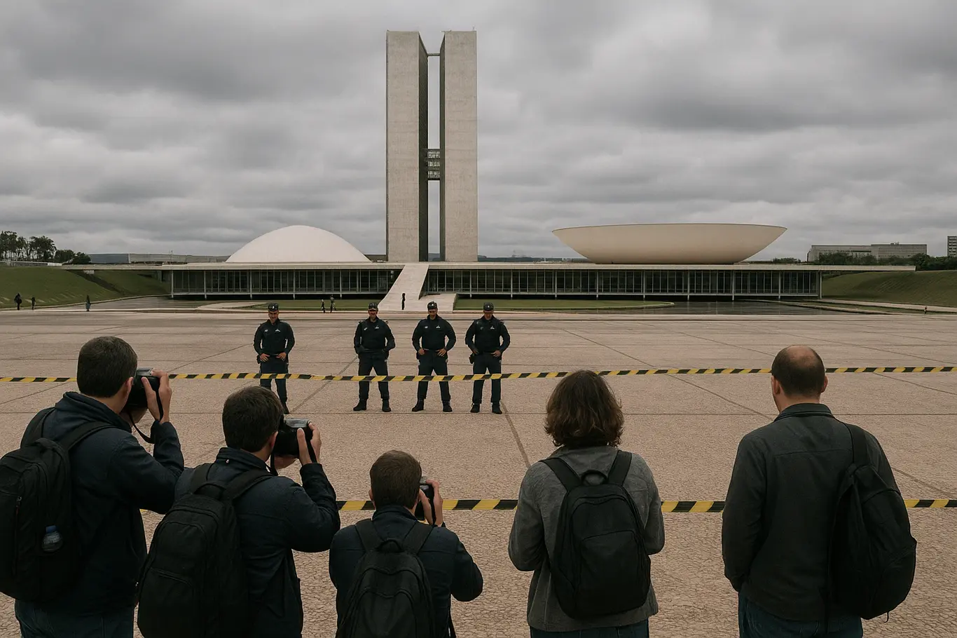 Vista ampla do Congresso Nacional com jornalistas e faixas de isolamento; pessoas vistas de costas.