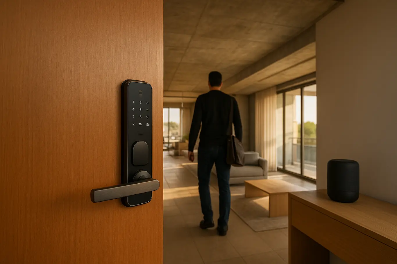 Entrada de apartamento com fechadura digital na porta, morador de costas entrando e dispositivo de voz sobre aparador, interior moderno em Brasília.