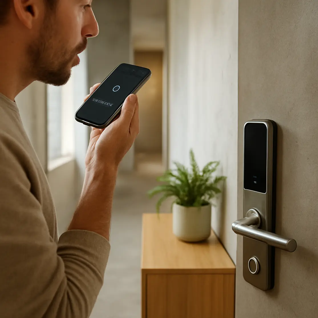 Morador usando smartphone para trancar fechadura digital em corredor de apartamento com elementos de décor de Brasília.