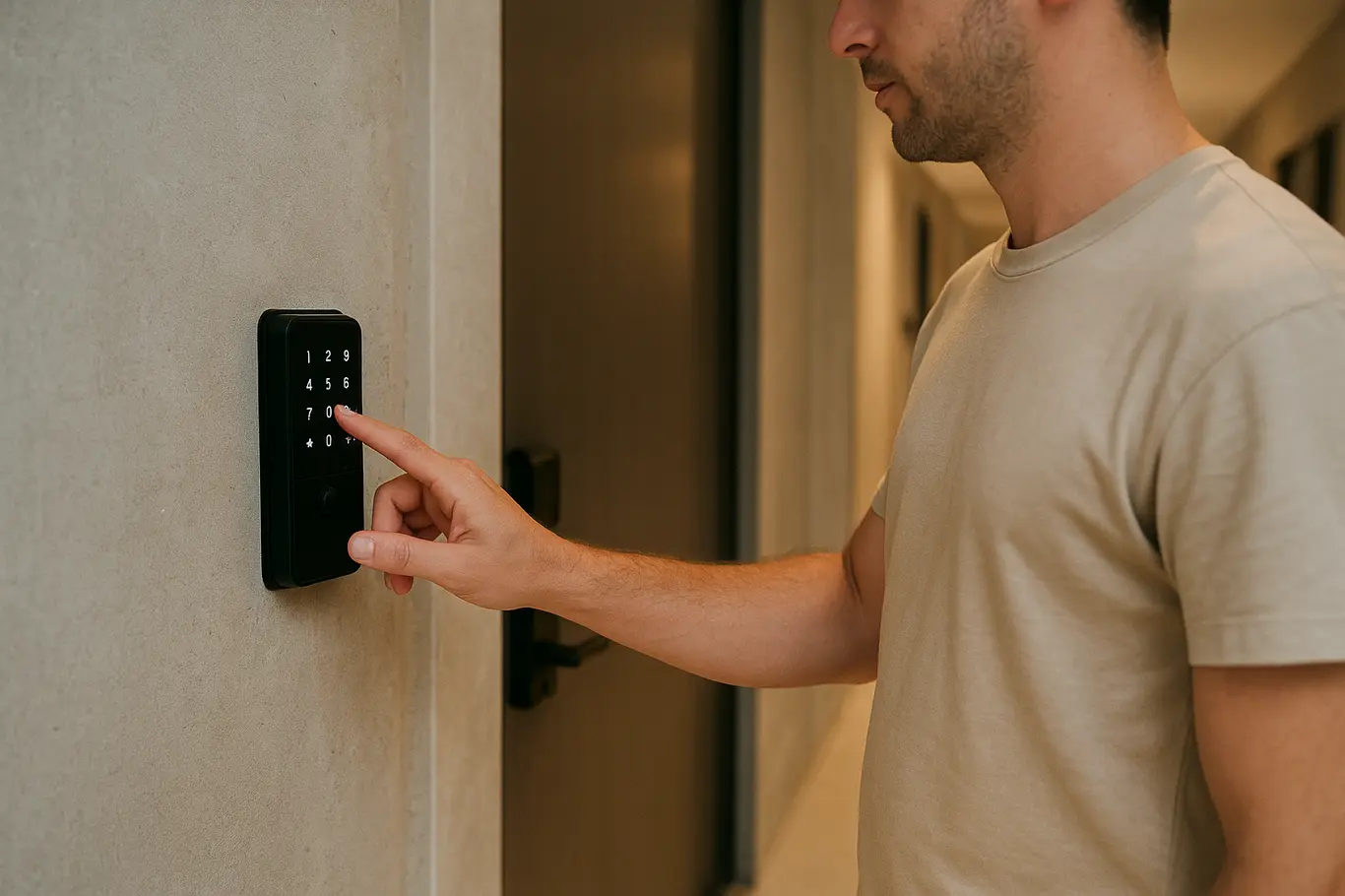 Mão digitando código em fechadura eletrônica na entrada de um apartamento, corredor ao fundo desfocado