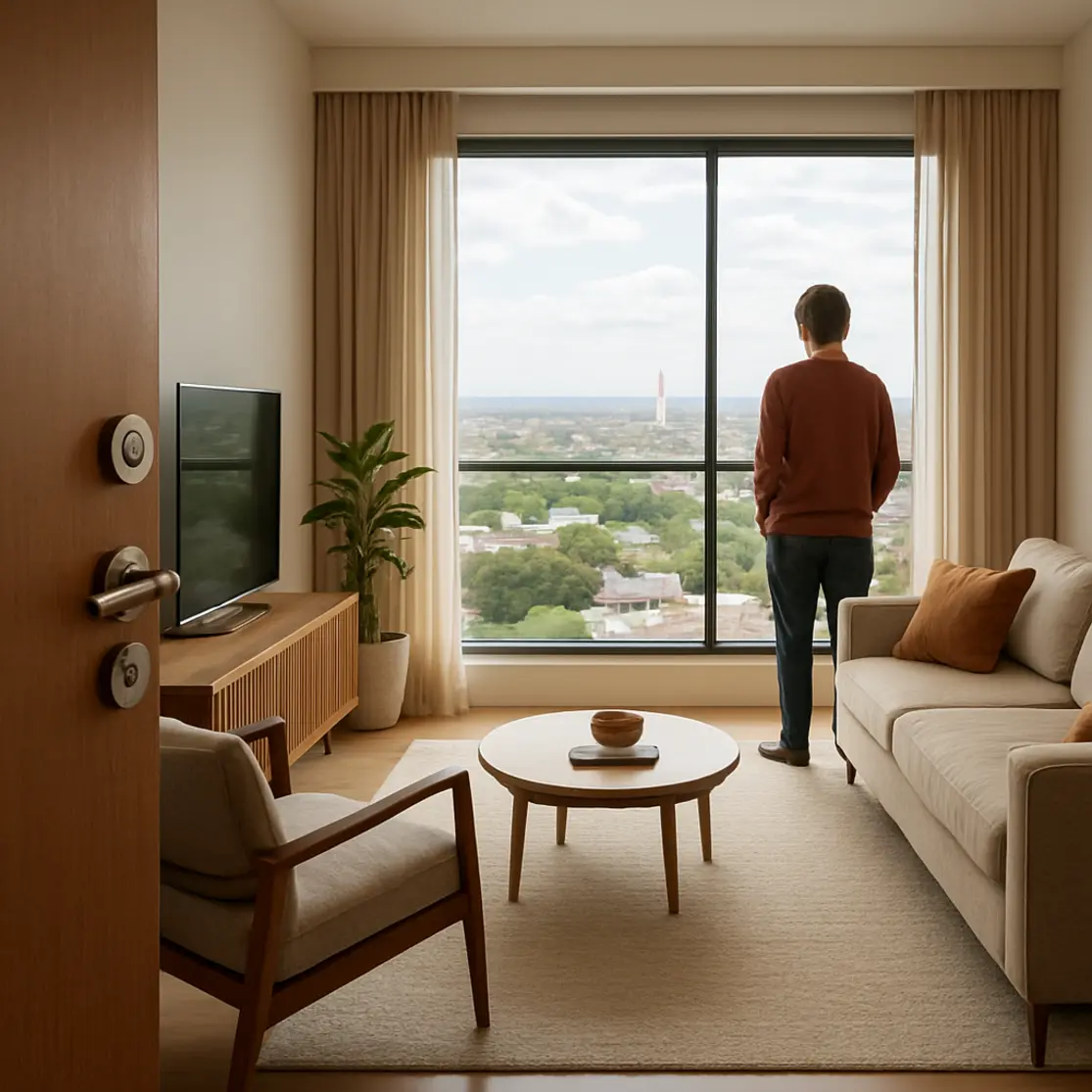 Sala de apartamento em Brasília com porta de entrada e fechadura visíveis, vista urbana pela janela e pessoa de costas observando