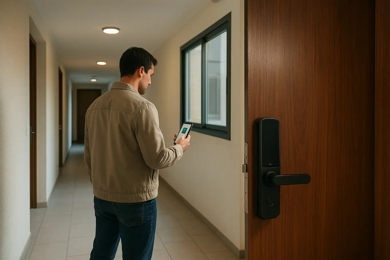 Corredor de condomínio com fechadura digital em primeiro plano e morador de costas com smartphone