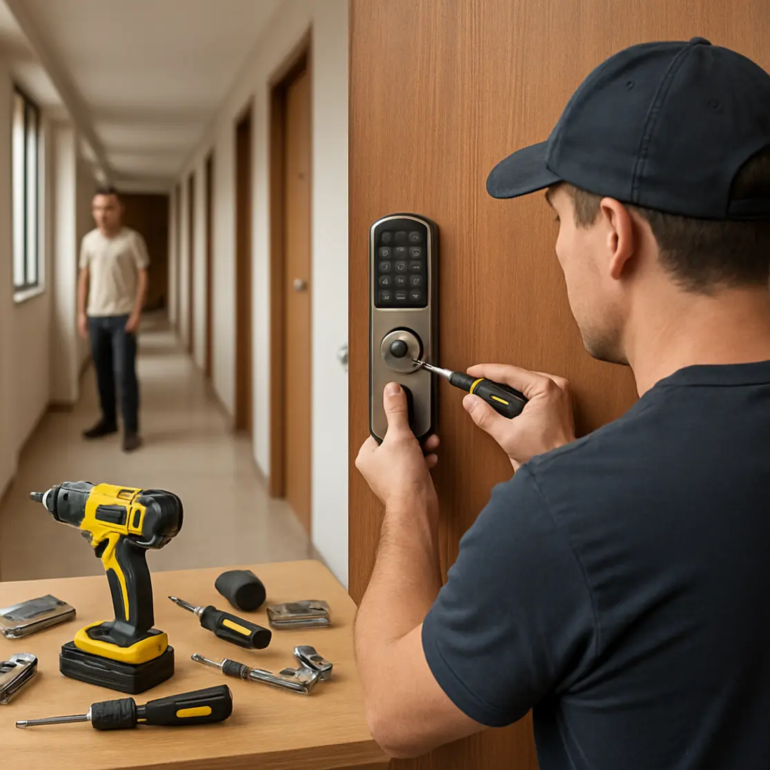 Técnico instalando fechadura digital com ferramentas sobre bancada