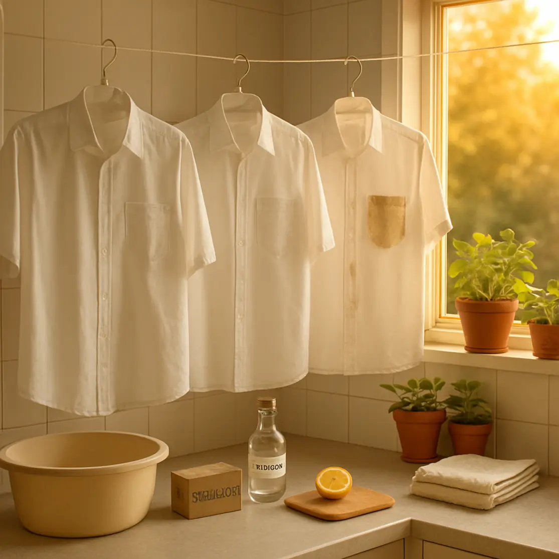 Área de serviço com varal de camisas brancas, bancada com produtos de limpeza e peça com mancha de ferrugem já tratada