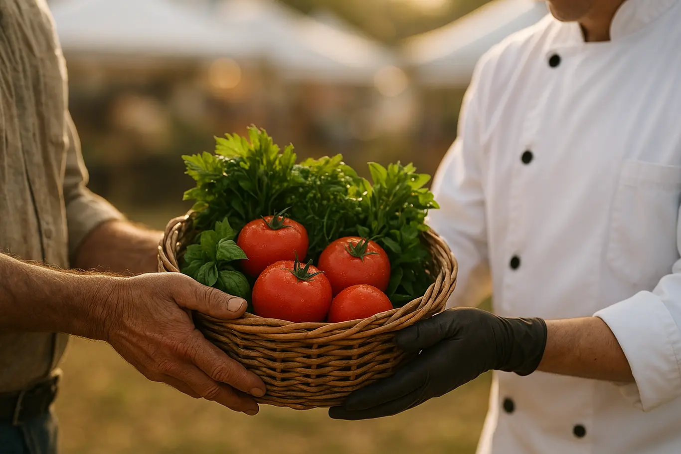 Detalhe das mãos de um produtor entregando um cesto com tomates a um chef.