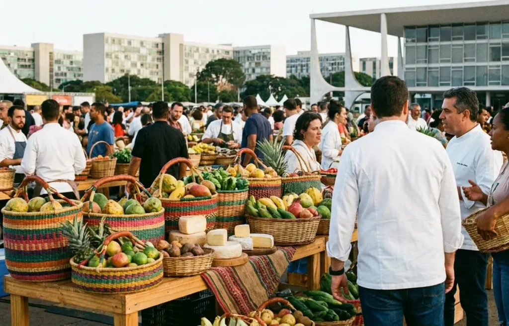 Feira do Festival Chefs do Brasis com chefs e produtores de costas entre barracas de alimentos.