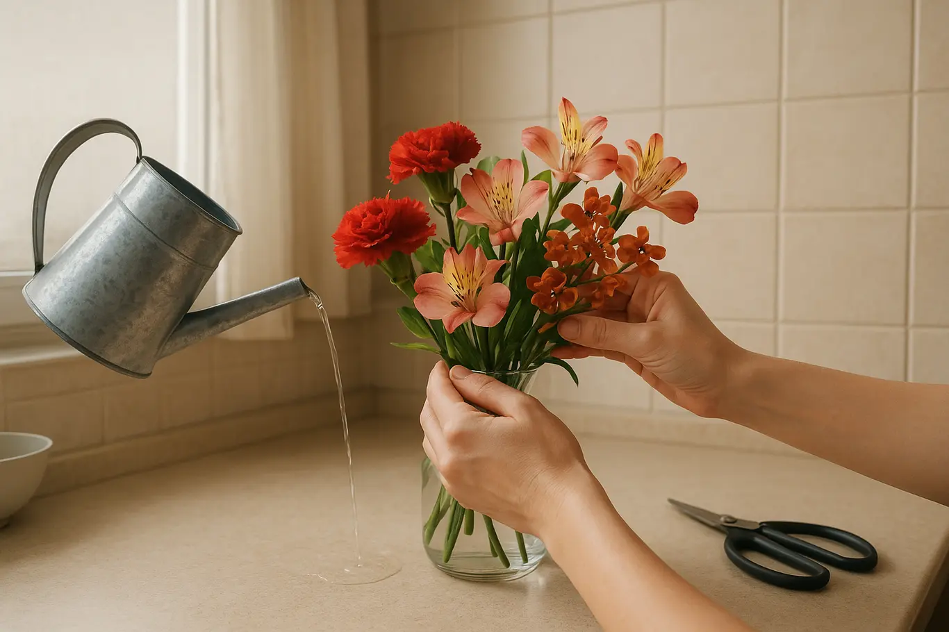 Mãos arrumando flores em vaso transparente enquanto regador despeja água
