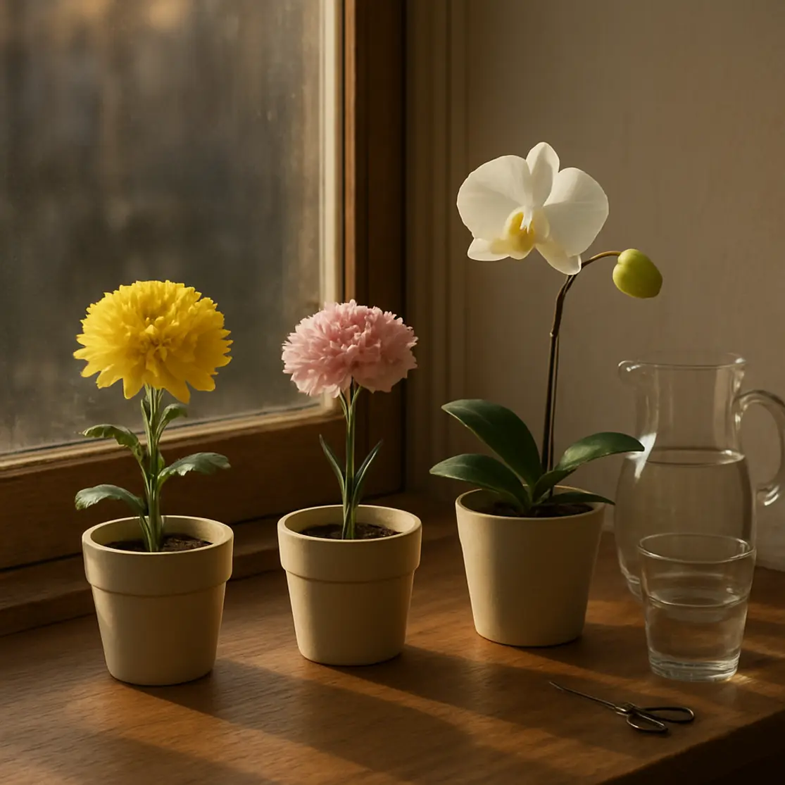 Três vasos com crisântemo, cravo e orquídea alinhados no parapeito de janela