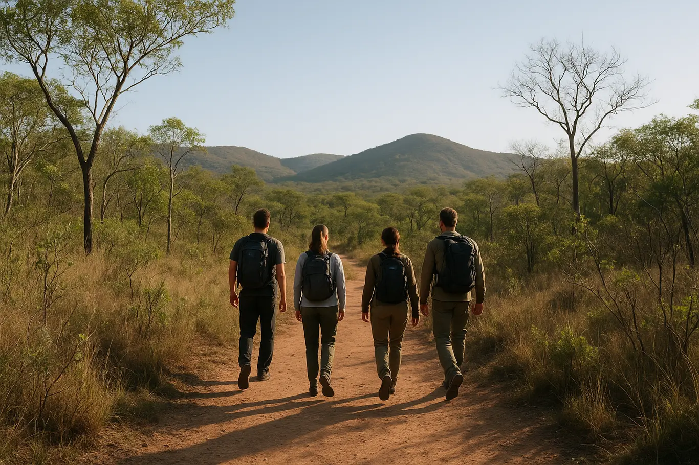 Vista ampla da trilha e entrada na Floresta Nacional de Brasília com visitantes de costas em movimento