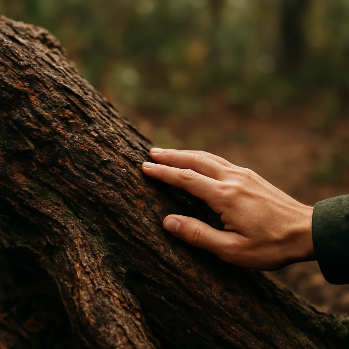 Close-up de casca de árvore com mão em perfil tocando a textura na Floresta Nacional de Brasília