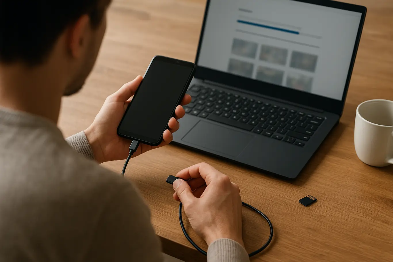 Pessoa de costas conectando celular a notebook em mesa, foco nas mãos e cabos