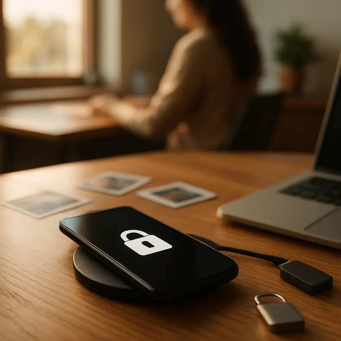 Mesa com celular no carregador, impressões fotográficas e SSD externo, ambiente doméstico