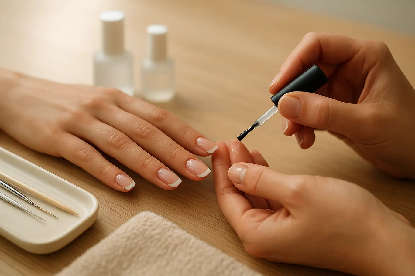 Manicure aplicando top coat em unhas em gel francesinha 2026 sobre mesa de madeira clara