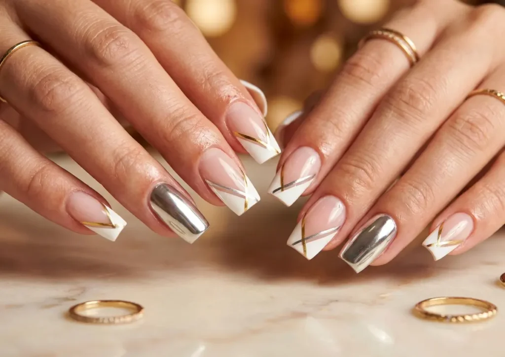 Close-up de mãos com unhas em gel decoradas francesinha 2026, acabamento brilhante e detalhes metálicos