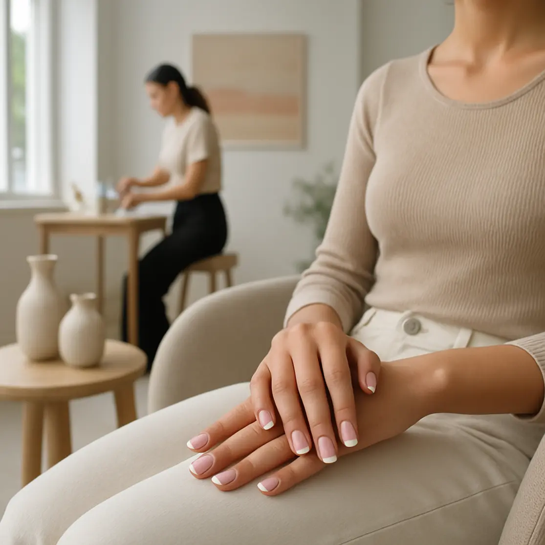 Ambiente de salão minimalista com cliente exibindo unhas em gel francesinha 2026, luz natural e decoração suave