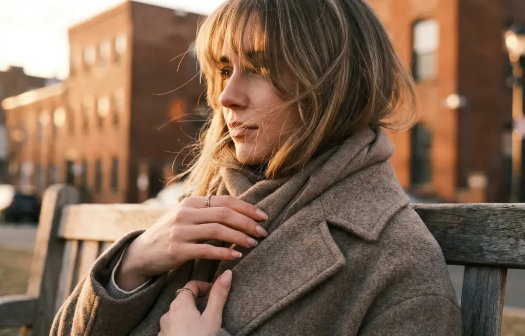 Pessoa com franja moderna sentada em banco urbano ao pôr do sol, rosto não visível