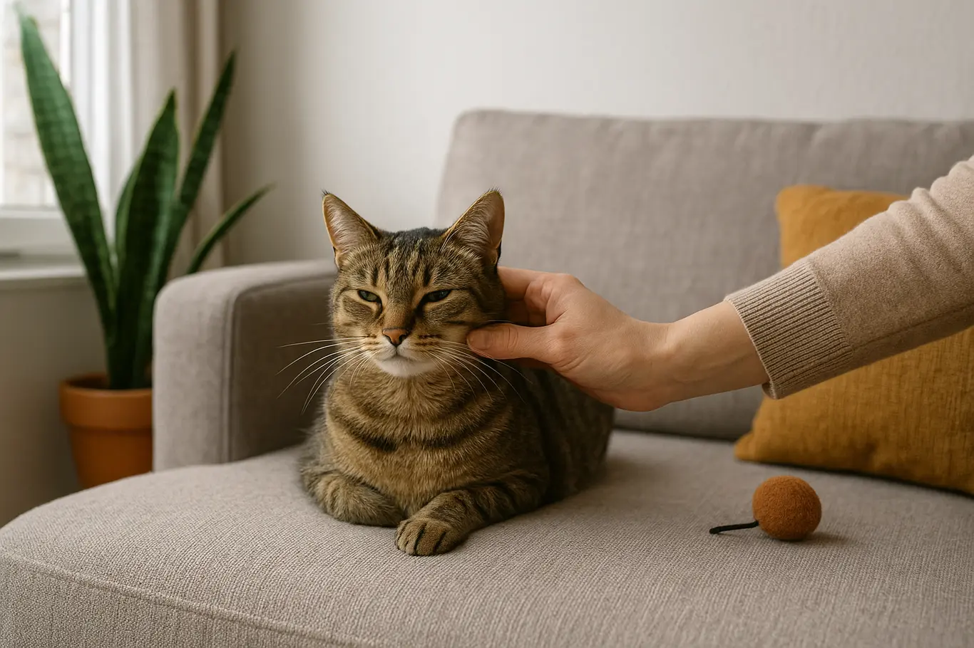 Gato sentado no sofá sendo acariciado por uma mão em perfil em apartamento minimalista