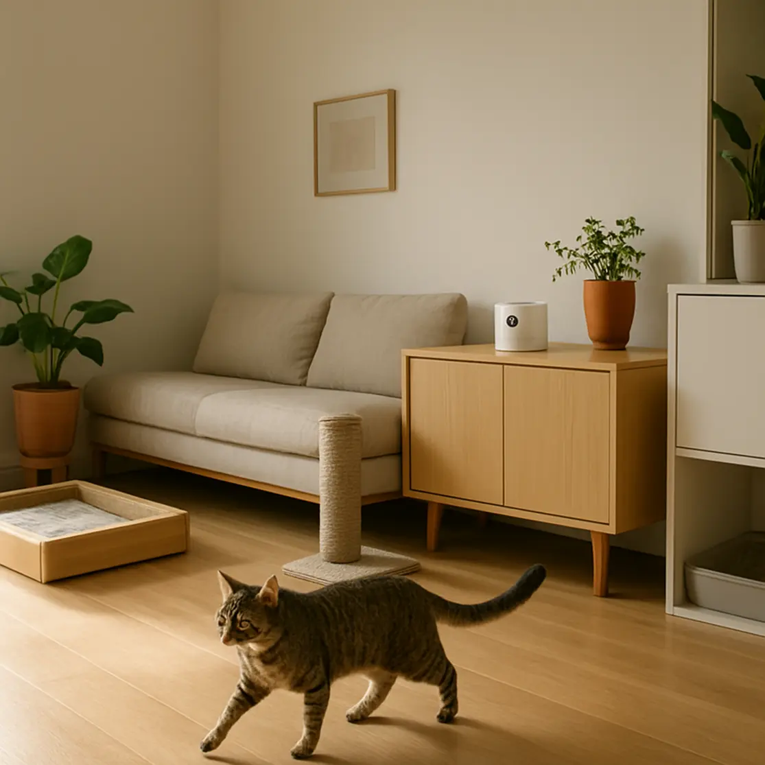 Sala de apartamento organizada com cama de gato, arranhador discreto e caixa de areia embutida