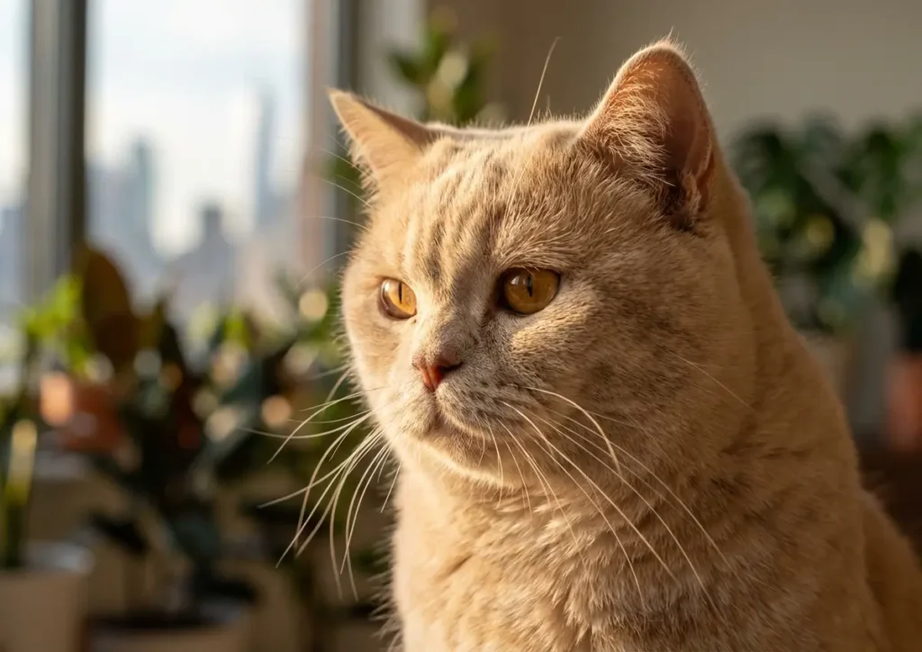 Gato para apartamento: 7 raças ideais e como escolher sem erro British Shorthair no parapeito de janela de apartamento com luz dourada