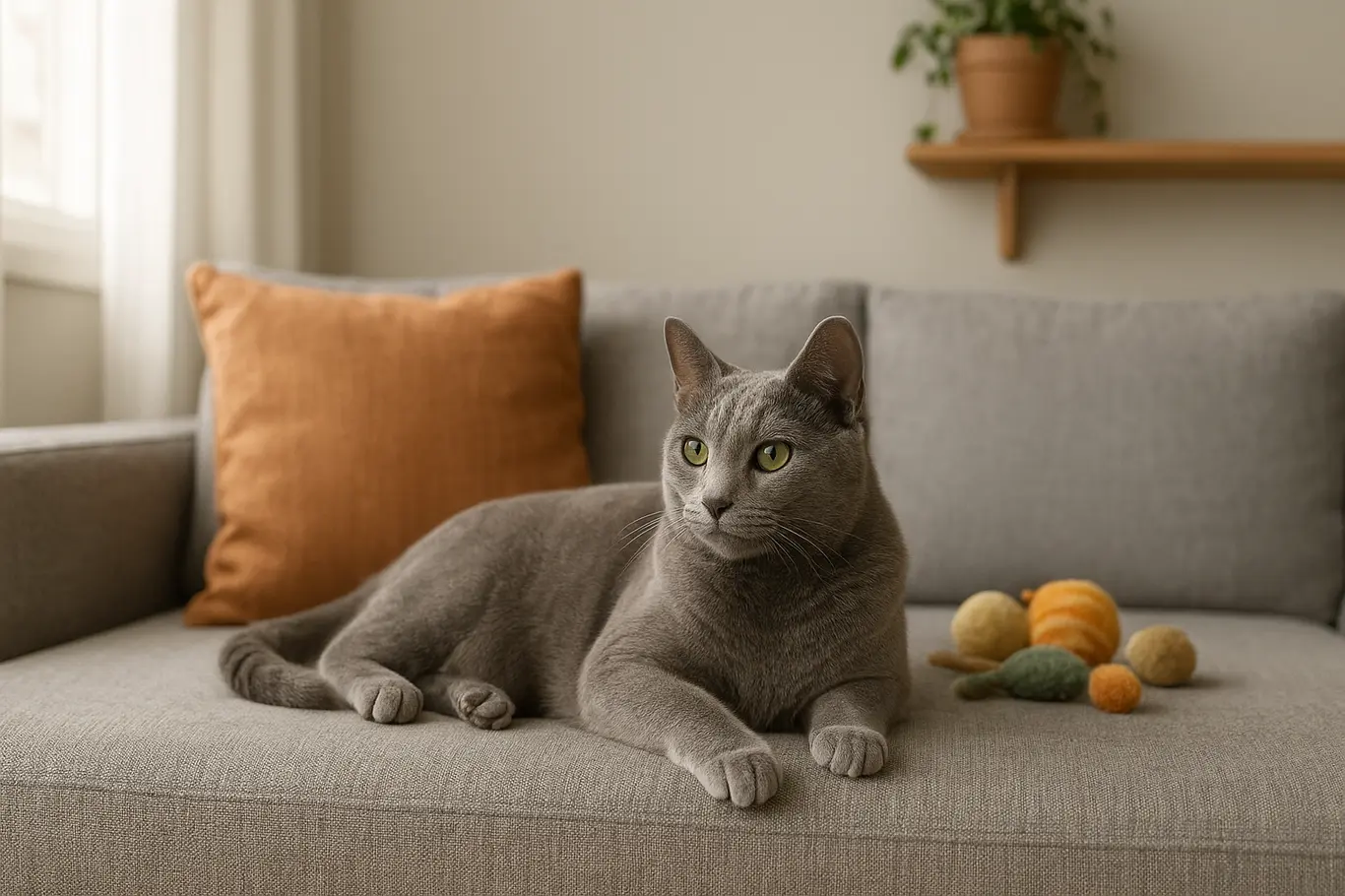Russian Blue acomodado em sofá moderno de apartamento