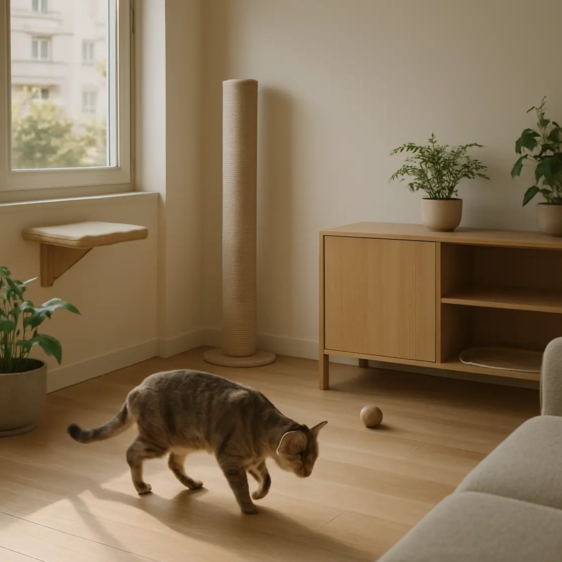 Visão ampla de apartamento com gato explorando espaço adaptado