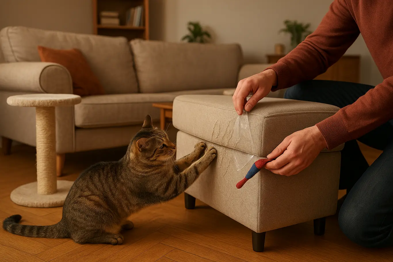 Cena aberta com gato arranhando e mão oferecendo alternativa
