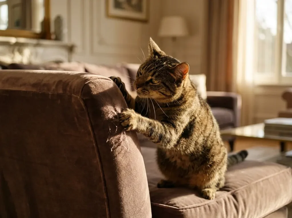Gato arranhando braço de sofá em close editorial