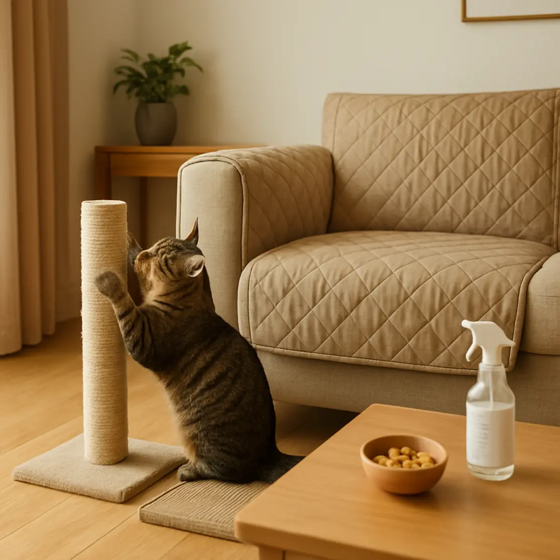 Ambiente com arranhador e protetores para móveis, gato usando arranhador