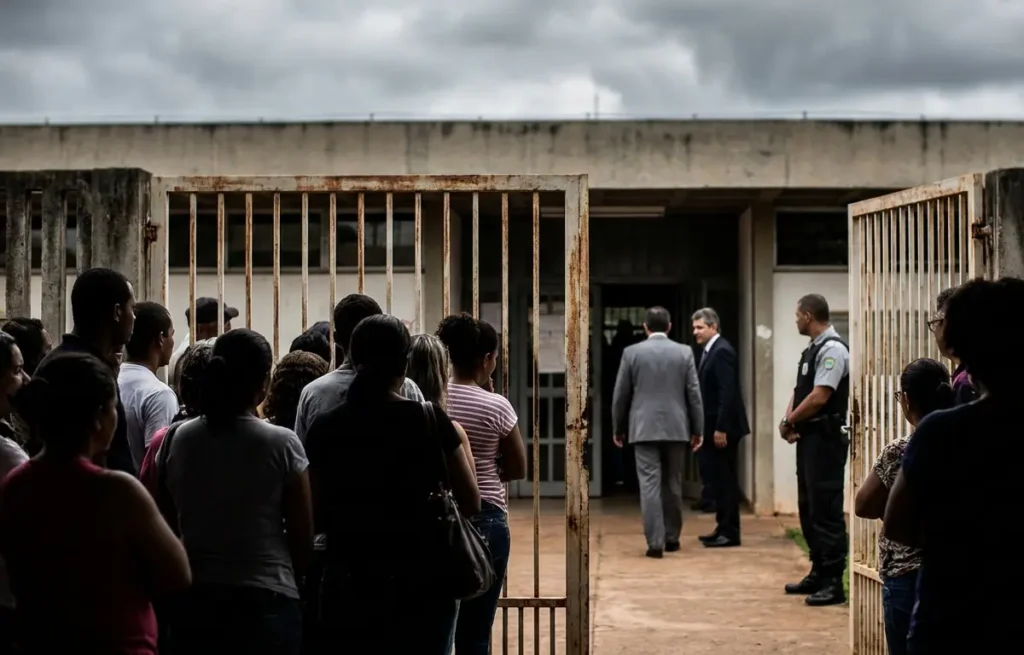 Entrada de escola em Brasília com pais e gestores de costas em clima de tensão