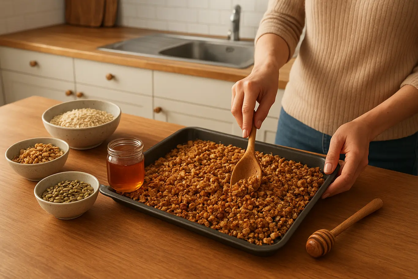 Assadeira com granola caseira esfriando, tigelas de ingredientes e mãos mexendo a mistura