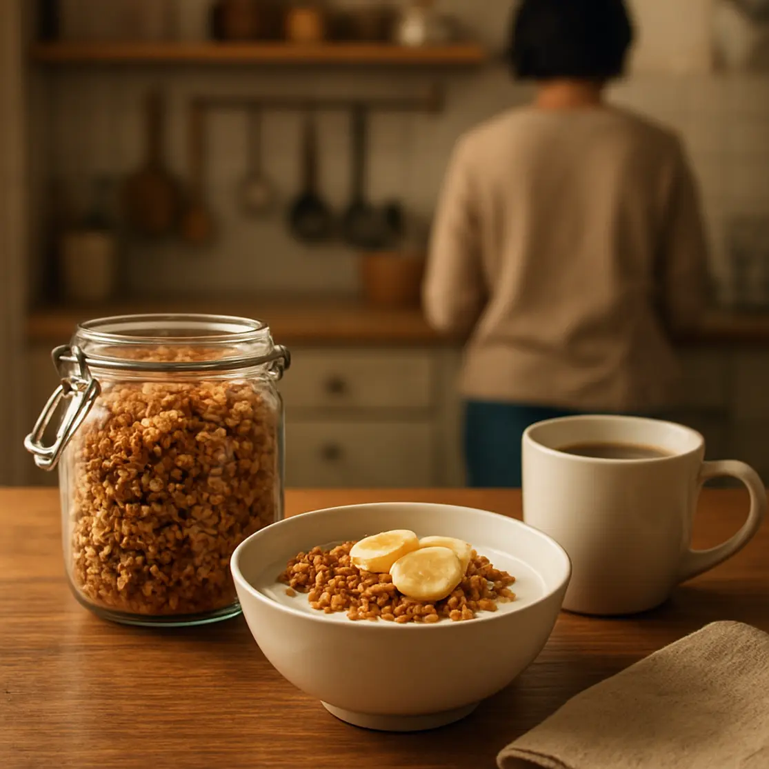 Mesa de café da manhã com jarra de granola, tigela de iogurte com banana e xícara de café