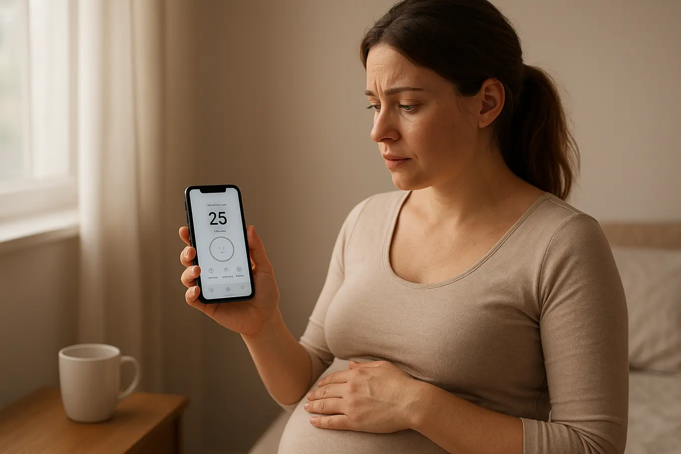 Mulher em perfil olhando para celular com app de gravidez, plano médio, ambiente de quarto iluminado.