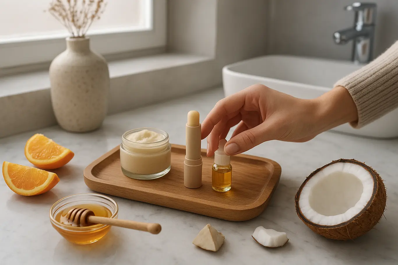 Bancada de banheiro com produtos labiais e ingredientes naturais, mão pegando um bálsamo