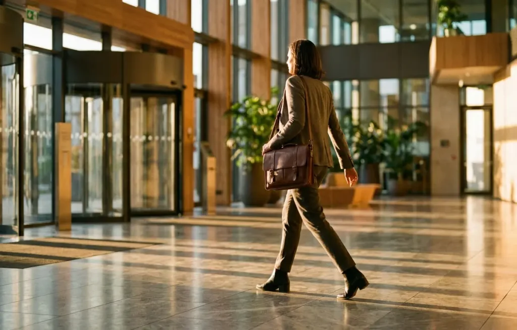 O que muda para quem trabalha em home office com o fim em 2026 Pessoa de costas entrando em saguão corporativo moderno, indicando retorno ao escritório