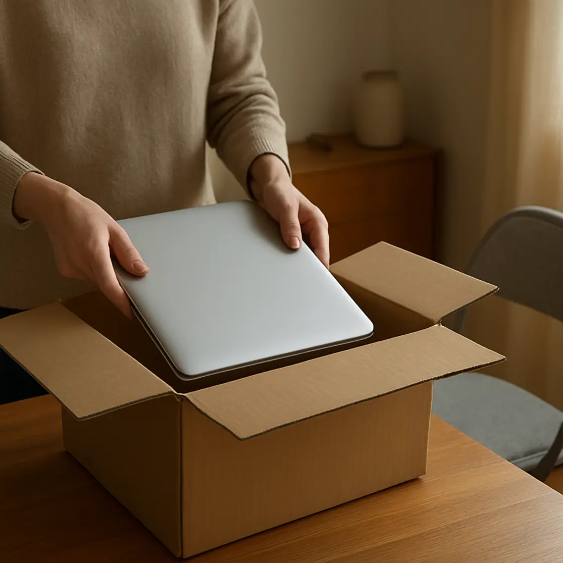 Mãos embalando laptop em caixa em ambiente doméstico, simbolizando o fim do home office