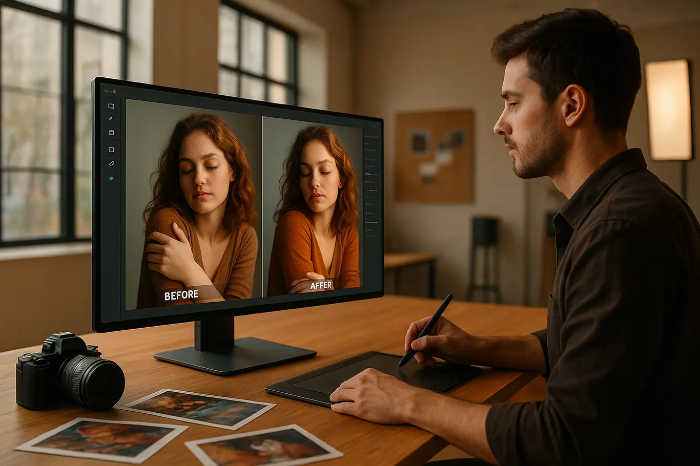 Estúdio de criação com monitor mostrando comparação antes e depois de edição por IA